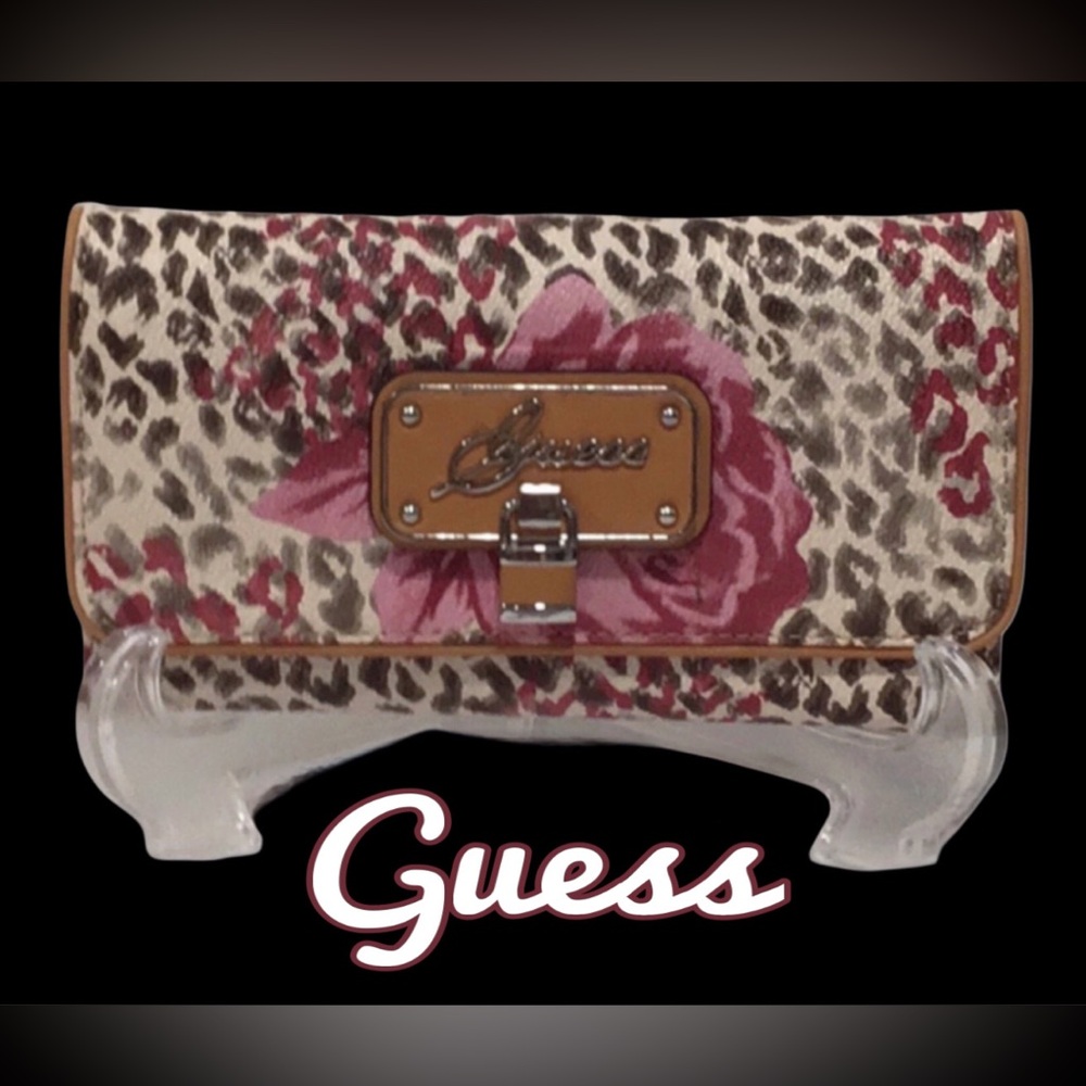 NWT GUESS Estara Rose Animal Print Front Flap Long Wallet w Decorative Tiny Lock